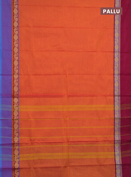 Chettinad cotton saree sunset orange and teal green with plain body and jamuna border