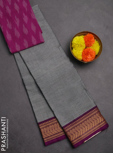 Chettinad cotton saree grey and purple with plain body and thread woven border