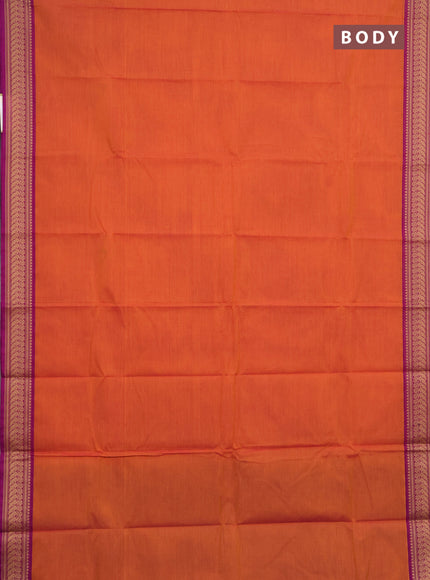 Chettinad cotton saree sunset orange and purple with plain body and thread woven border