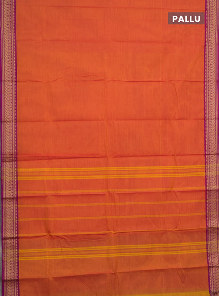 Chettinad cotton saree sunset orange and purple with plain body and thread woven border