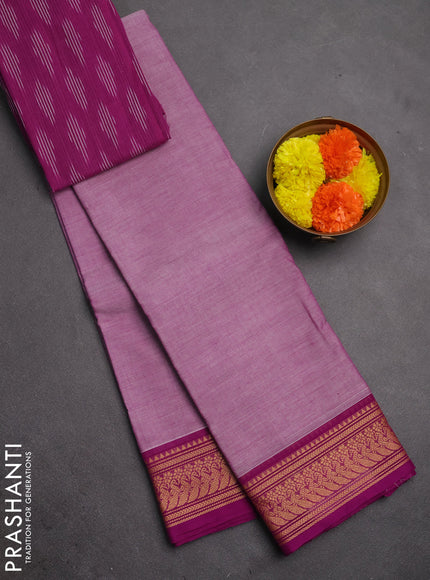 Chettinad cotton saree mild lavender and purple with plain body and thread woven border
