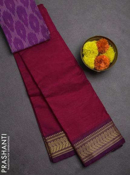 Chettinad cotton saree pink and purple with plain body and thread woven border