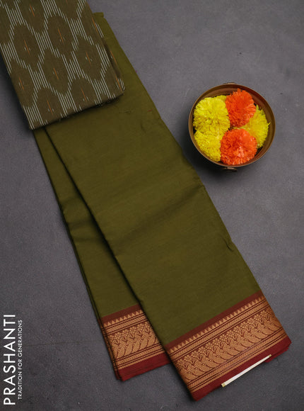 Chettinad cotton saree sap green and brown green with plain body and thread woven border