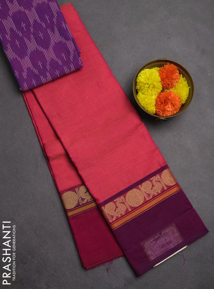 Chettinad cotton saree dual shade of pink and purple with plain body and ganga jamuna border
