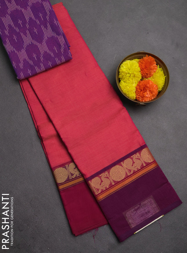 Chettinad cotton saree dual shade of pink and purple with plain body and ganga jamuna border