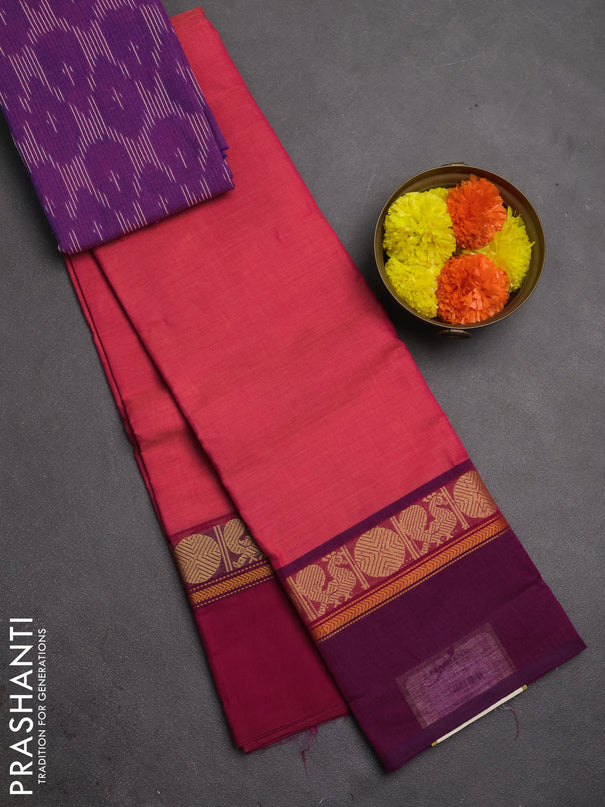 Chettinad cotton saree dual shade of pink and purple with plain body and ganga jamuna border