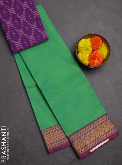 Chettinad cotton saree green and purple with plain body and thread woven border
