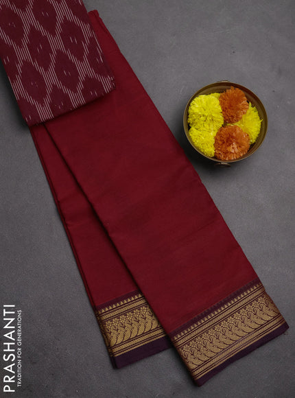 Chettinad cotton saree kumkum red and maroon wine shade with plain body and thread woven border