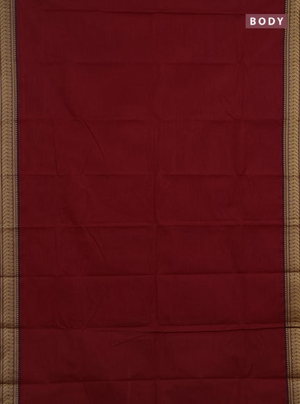 Chettinad cotton saree kumkum red and maroon wine shade with plain body and thread woven border