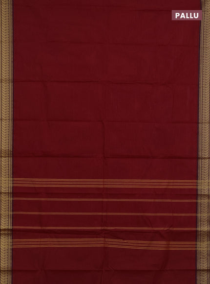 Chettinad cotton saree kumkum red and maroon wine shade with plain body and thread woven border
