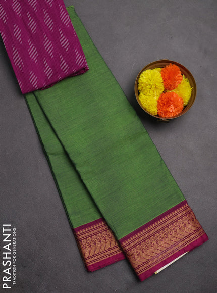 Chettinad cotton saree green and dark magenta pink with plain body and thread woven border