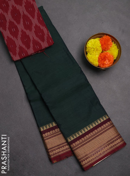 Chettinad cotton saree bottle green and maroon with plain body and thread woven border