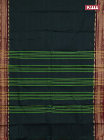 Chettinad cotton saree bottle green and maroon with plain body and thread woven border