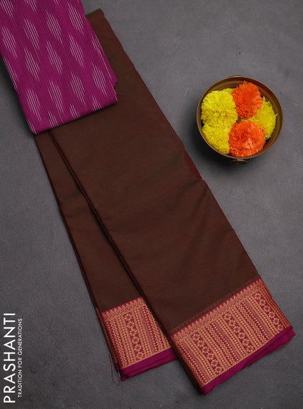 Chettinad cotton saree dual shade of green and purple with plain body and thread woven border