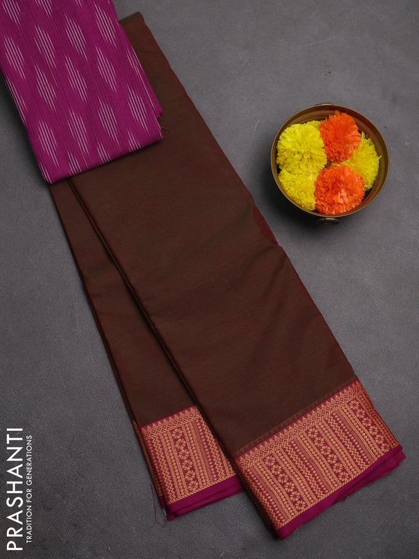 Chettinad cotton saree dual shade of green and purple with plain body and thread woven border