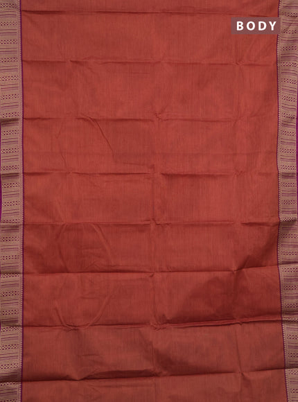 Chettinad cotton saree rust shade and purple with plain body and thread woven border