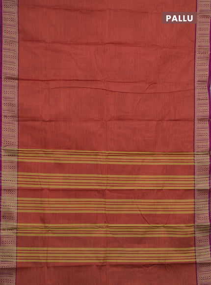 Chettinad cotton saree rust shade and purple with plain body and thread woven border