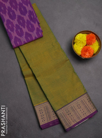 Chettinad cotton saree mustard green and purple with plain body and thread woven border