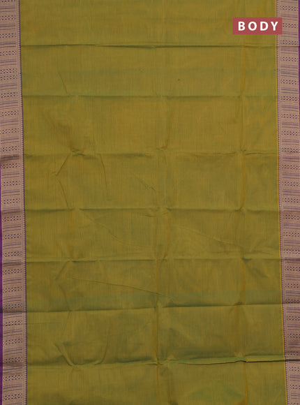 Chettinad cotton saree mustard green and purple with plain body and thread woven border