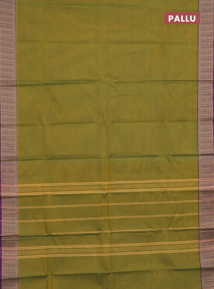 Chettinad cotton saree mustard green and purple with plain body and thread woven border