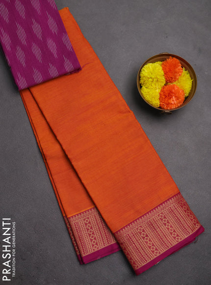 Chettinad cotton saree sunset orange and purple with plain body and thread woven border