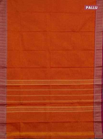 Chettinad cotton saree sunset orange and purple with plain body and thread woven border
