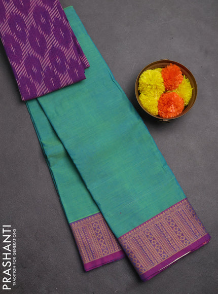Chettinad cotton saree dual shade of teal bluish green and purple with plain body and thread woven border
