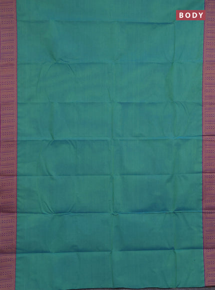 Chettinad cotton saree dual shade of teal bluish green and purple with plain body and thread woven border