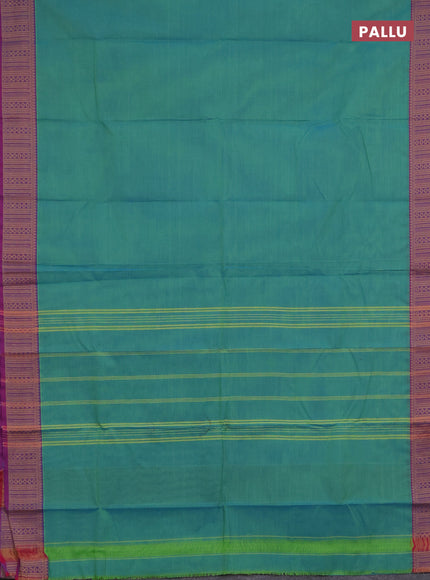 Chettinad cotton saree dual shade of teal bluish green and purple with plain body and thread woven border