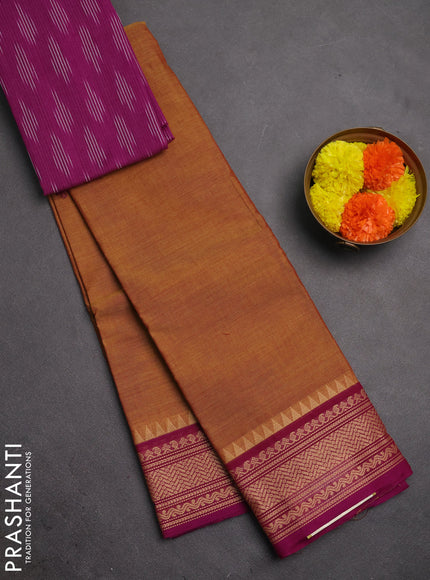 Chettinad cotton saree dark mustard and purple with plain body and thread woven border