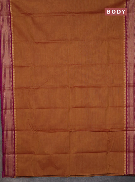Chettinad cotton saree dark mustard and purple with plain body and thread woven border