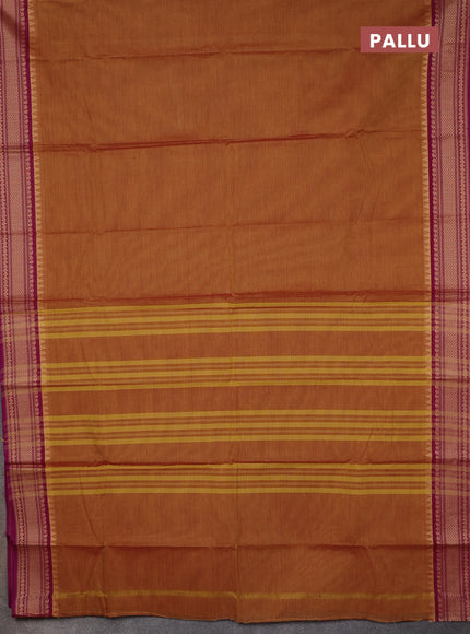 Chettinad cotton saree dark mustard and purple with plain body and thread woven border