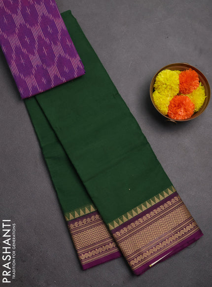 Chettinad cotton saree green and purple with plain body and thread woven border