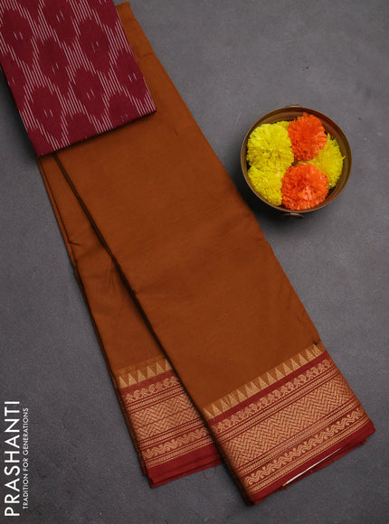 Chettinad cotton saree dark mustard and maroon with plain body and thread woven border