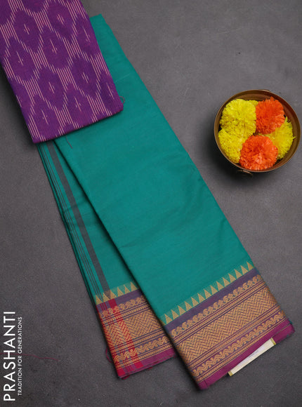Chettinad cotton saree teal green and purple with plain body and thread woven border