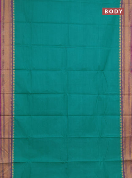 Chettinad cotton saree teal green and purple with plain body and thread woven border