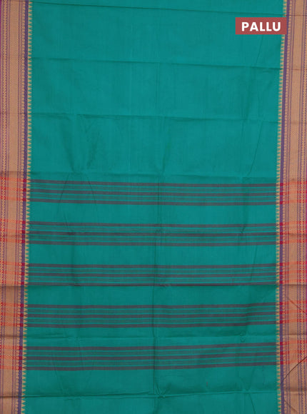 Chettinad cotton saree teal green and purple with plain body and thread woven border