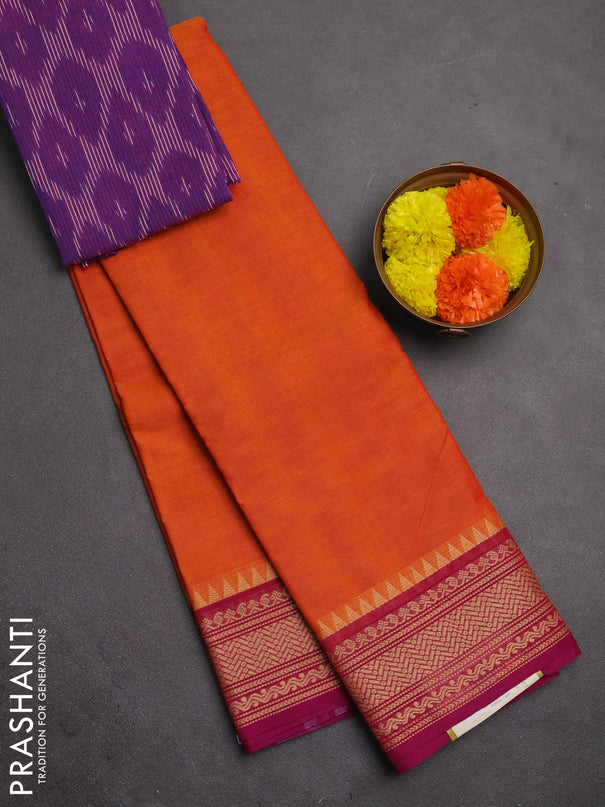 Chettinad cotton saree sunset orange and purple with plain body and thread woven border