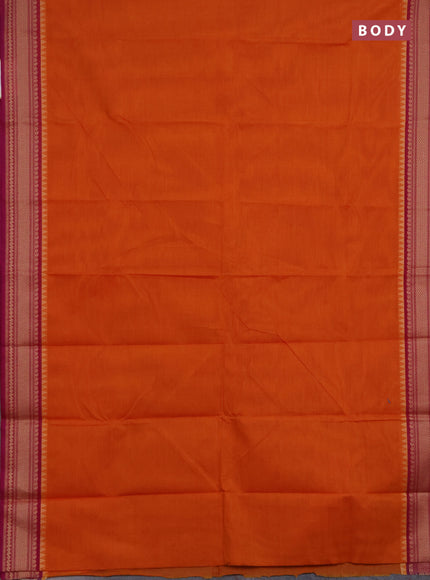 Chettinad cotton saree sunset orange and purple with plain body and thread woven border