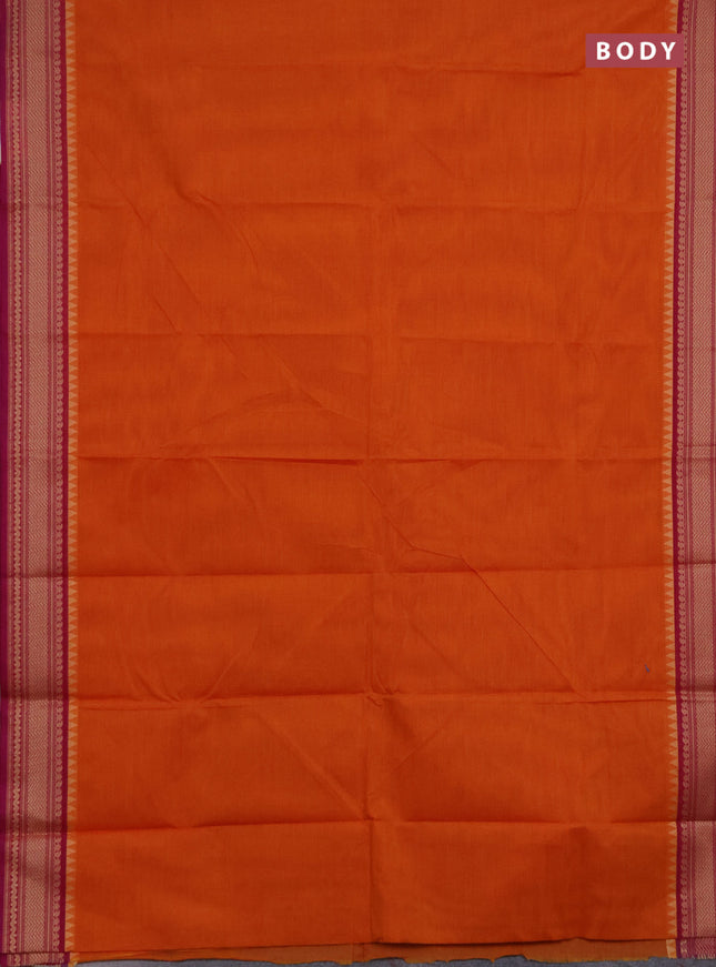 Chettinad cotton saree sunset orange and purple with plain body and thread woven border