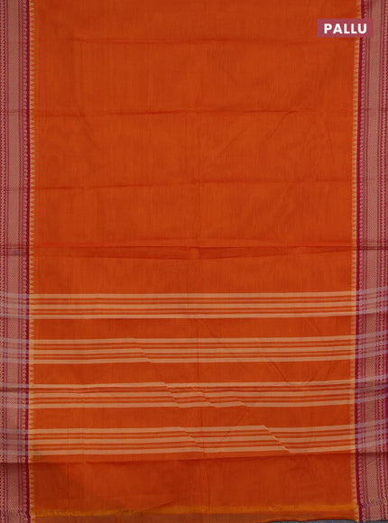 Chettinad cotton saree sunset orange and purple with plain body and thread woven border