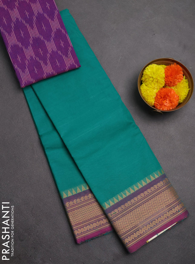 Chettinad cotton saree teal green and purple with plain body and thread woven border
