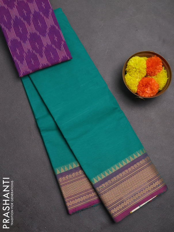 Chettinad cotton saree teal green and purple with plain body and thread woven border