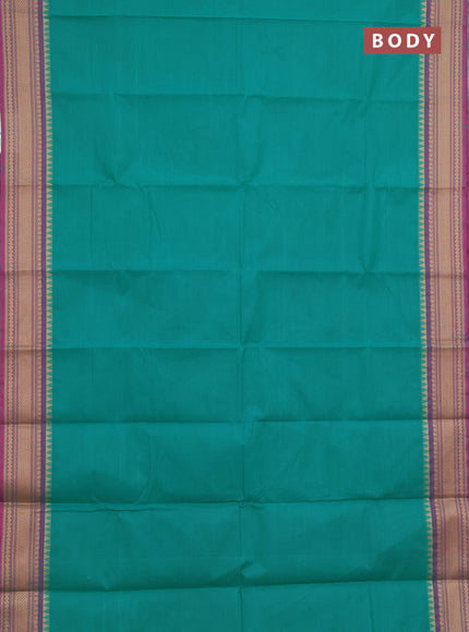 Chettinad cotton saree teal green and purple with plain body and thread woven border