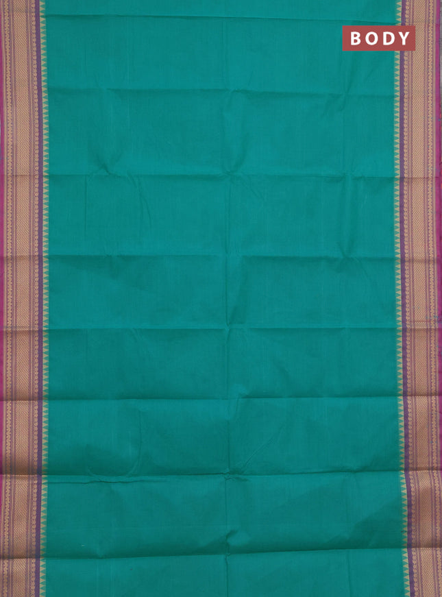 Chettinad cotton saree teal green and purple with plain body and thread woven border