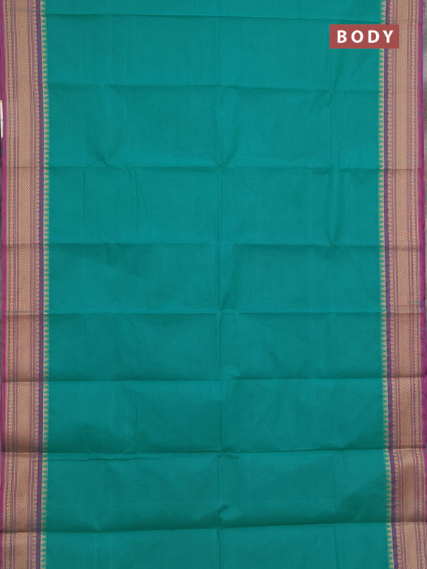 Chettinad cotton saree teal green and purple with plain body and thread woven border