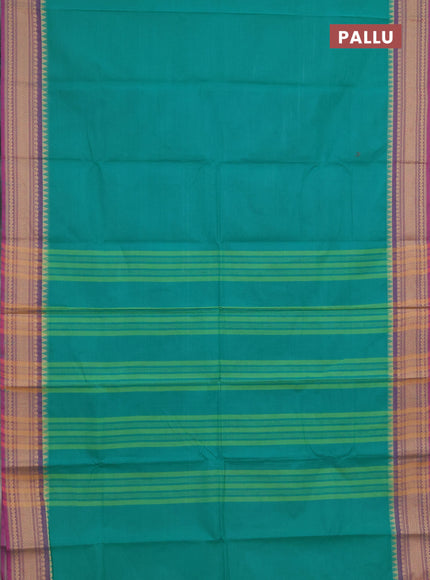 Chettinad cotton saree teal green and purple with plain body and thread woven border