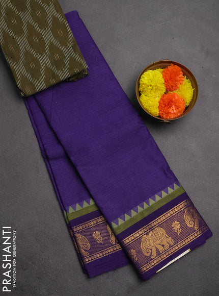 Chettinad cotton saree violet and mehendi green with plain body and zari woven border