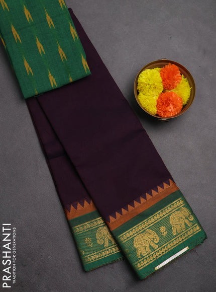 Chettinad cotton saree jamun shade and green with plain body and zari woven border
