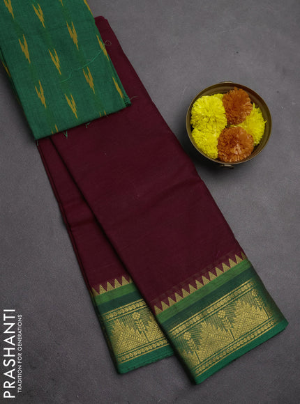 Chettinad cotton saree maroon and green with plain body and zari woven border
